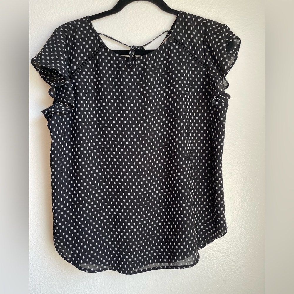 LOFT Black Polka Dot Flutter Sleeve Blouse - Picture 8 of 9